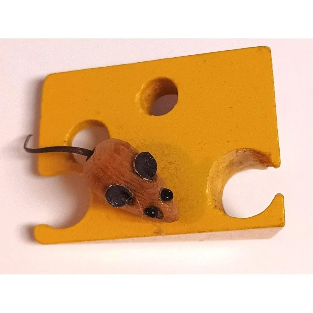 Vintage 1996 Handmade Wood Mouse Swiss Cheese Magnet 90s Folk Art Craft Dated